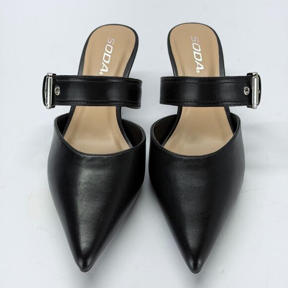 Soda Black Pointed Toe Mules Kitten Heels Buckle Straps Sze 8.5 Slip On Business - Picture 2 of 10